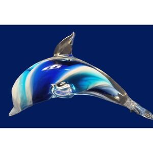 Art Glass Dolphin Figurine Blue White Swirl Hand Blown Ocean‎ Sea Life Decor